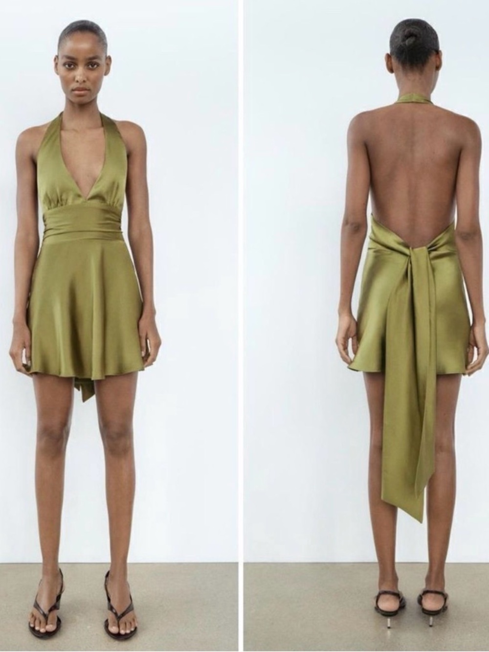 Zara Olive Halter Satin Effect Mini Dress